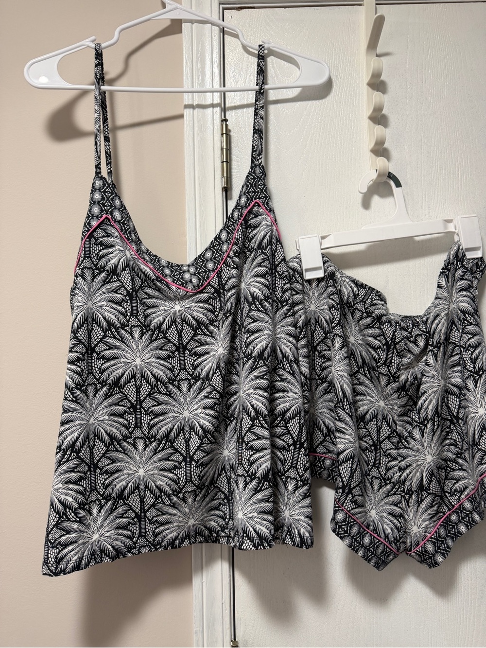 PJ Salvage Black & White Palm-Print Cami and Shorts Set with Pink Trim